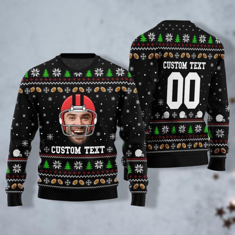 Football Face And Text Christmas Sweater, Funny Football Xmas Sweater