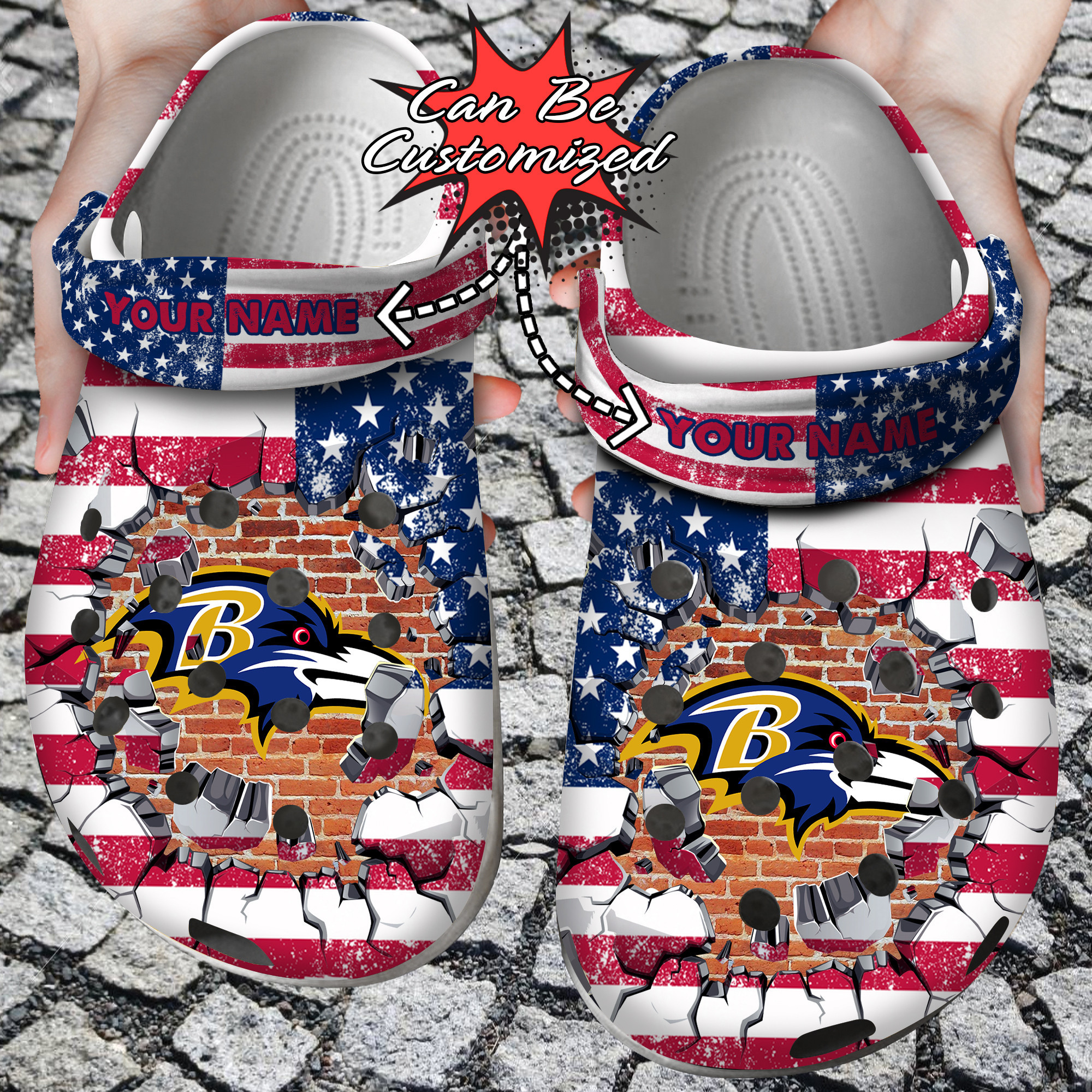 Football Personalized BRavens American Flag Breaking Wall Clog Shoes