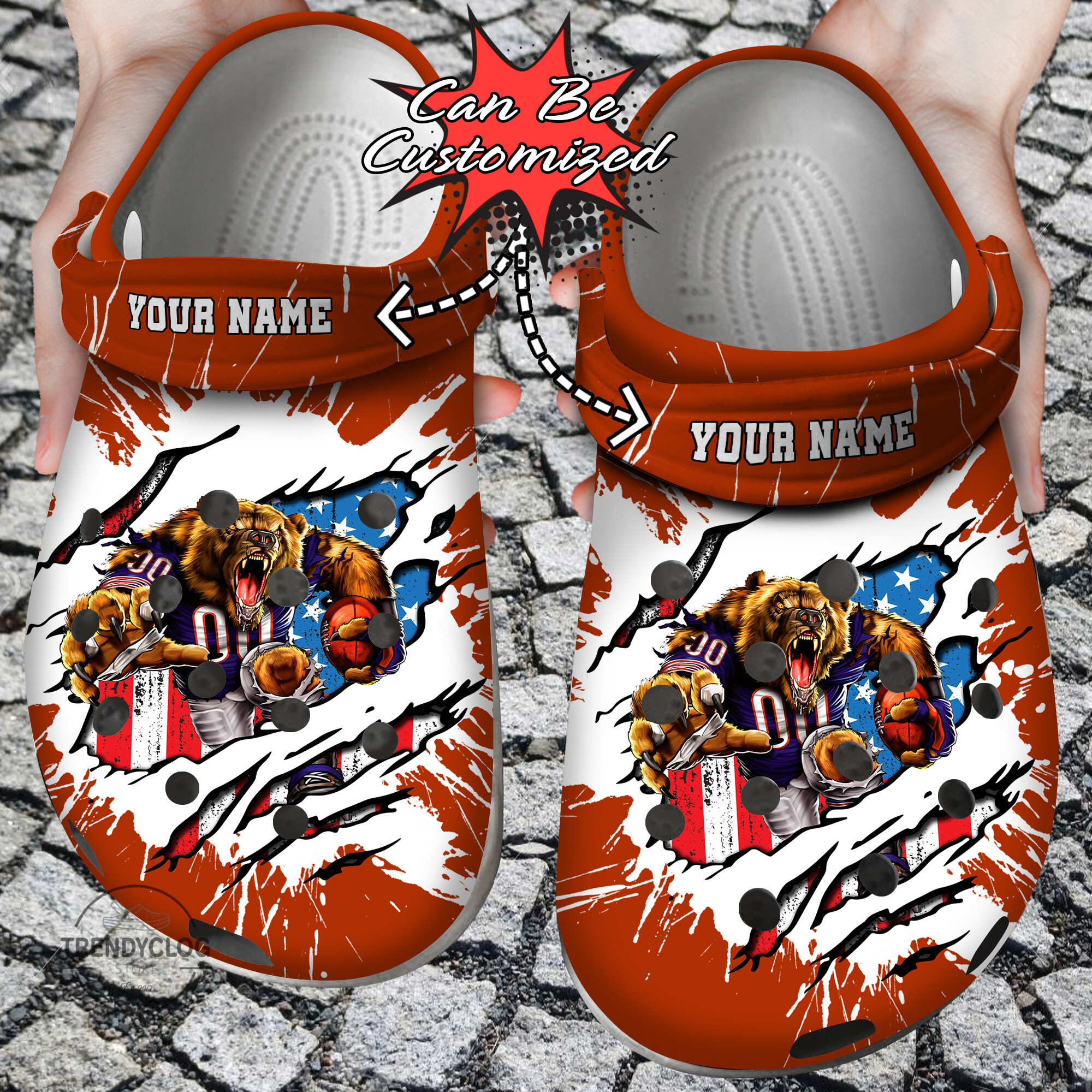 Football Personalized CBears Mascot Ripped Flag Clog Shoes
