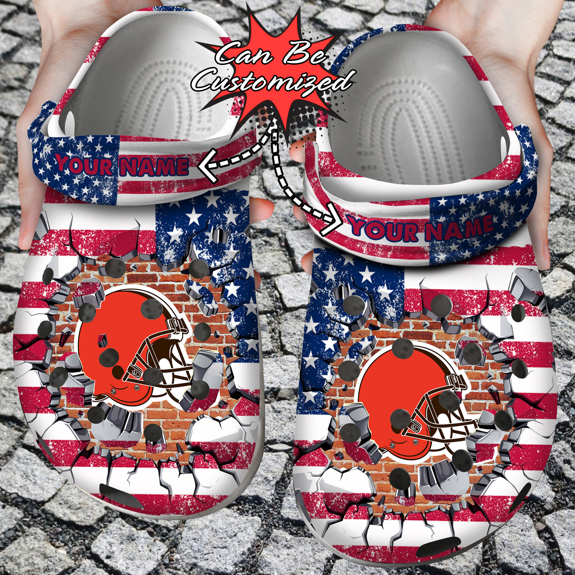 Football Personalized CBrowns American Flag Breaking Wall Clog Shoes
