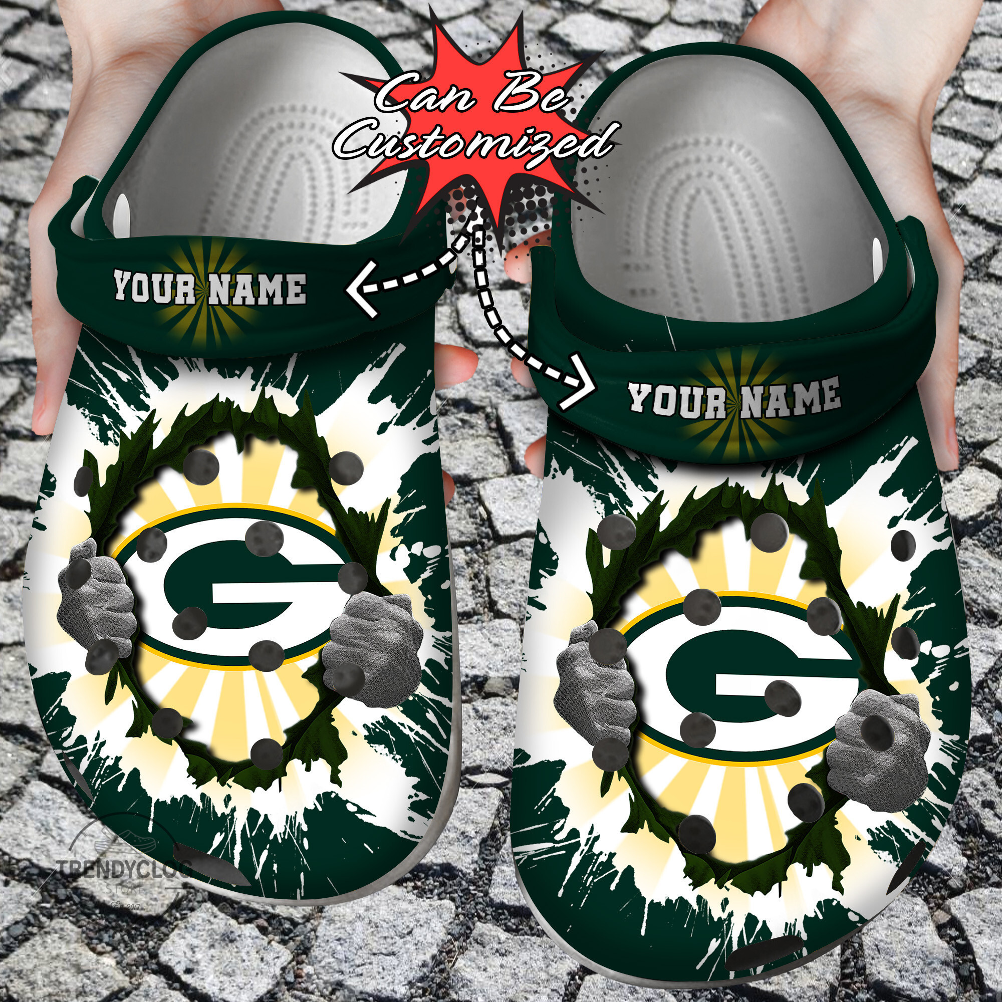 Football Personalized GPackers Hands Ripping Light Clog Shoes