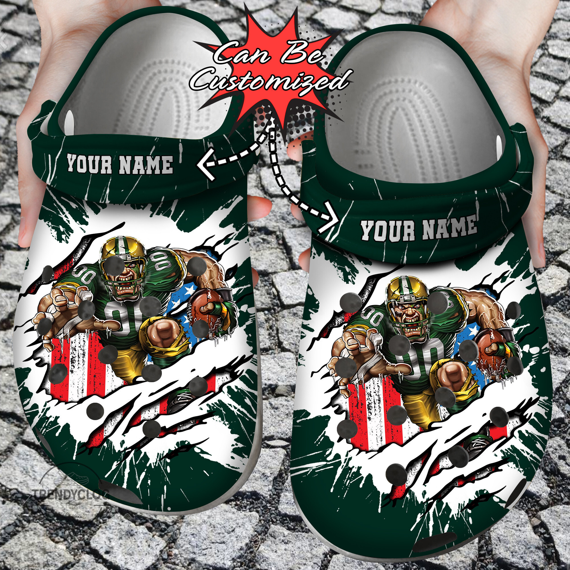 Football Personalized GPackers Mascot Ripped Flag Clog Shoes