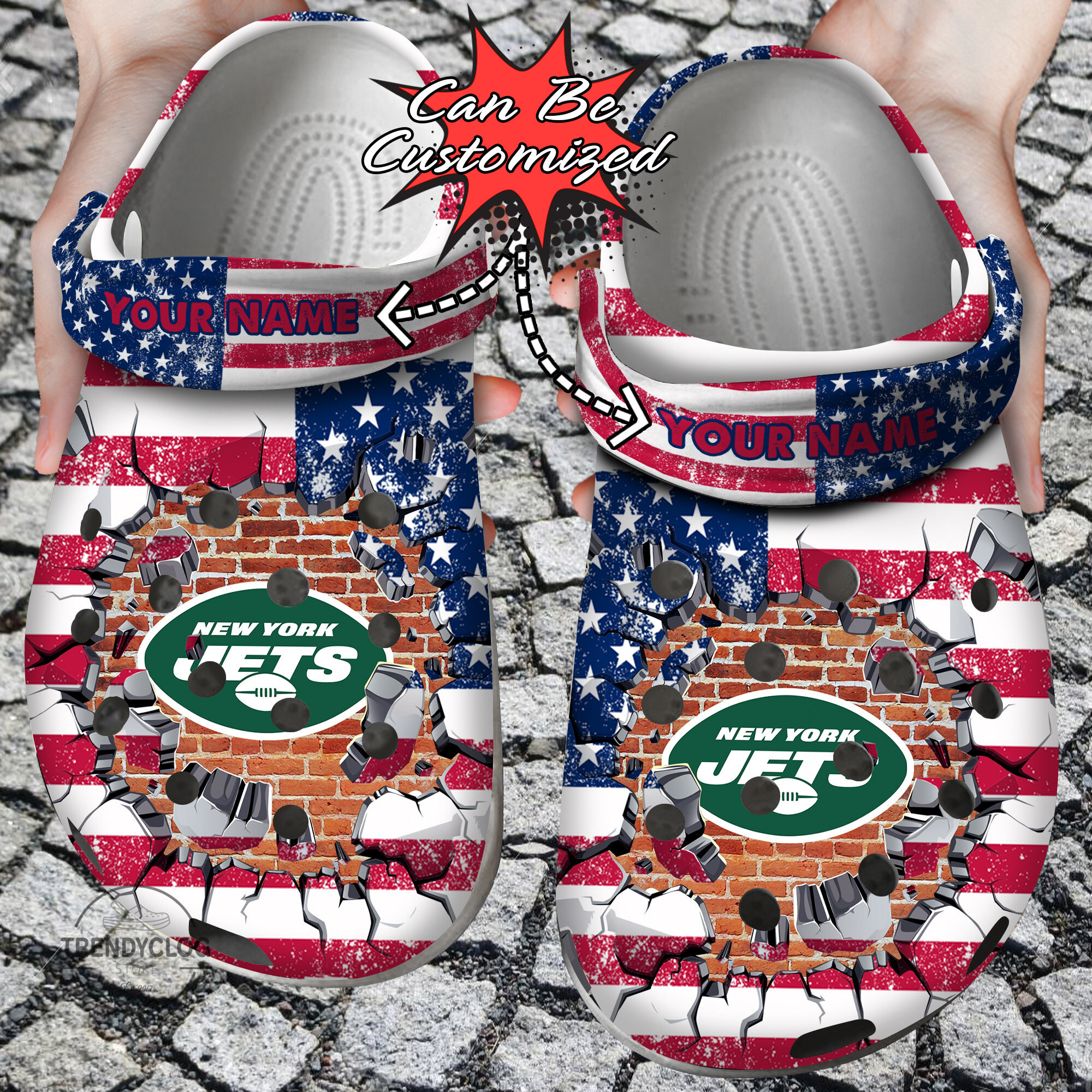 Football Personalized NY Jets American Flag Breaking Wall Clog Shoes