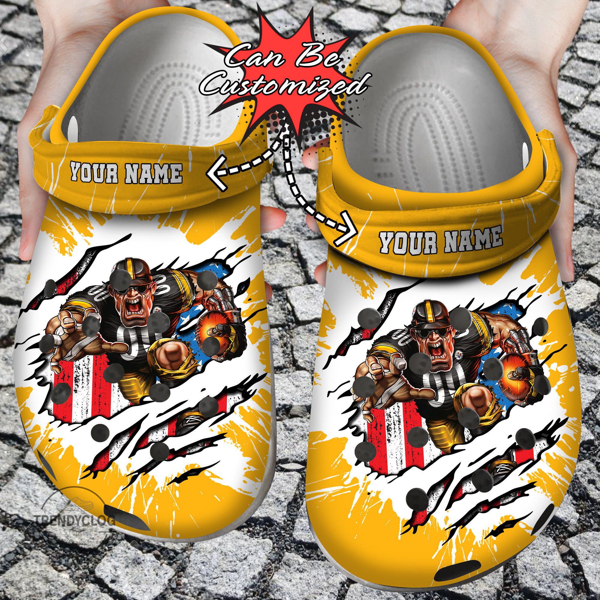 Football Personalized PSteelers Mascot Ripped Flag Clog Shoes