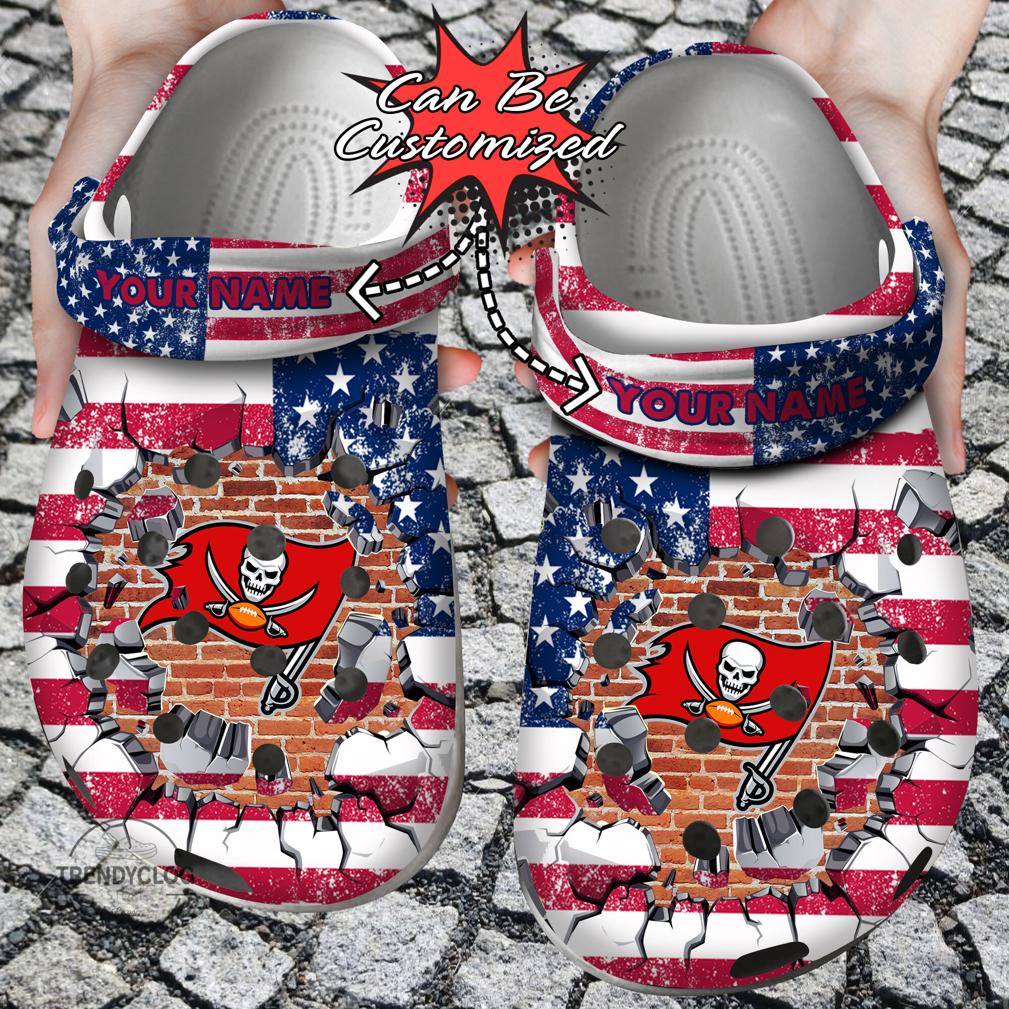 Football Personalized TB Buccaneers American Flag Breaking Wall Clog Shoes