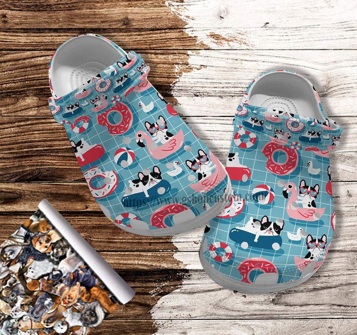 France Bull Dog Pool Party Swimming Croc Shoes Gift Mother Day- Bull Dog Mom Shoes Croc Clogs Gift Women