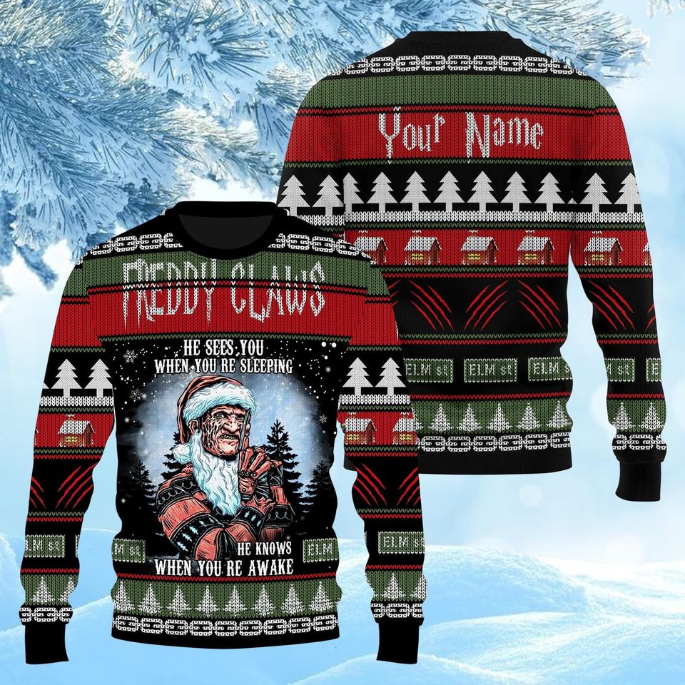 Freddy Krueger Ugly Sweater, Personalized Krueger Claws Christmas Sweater