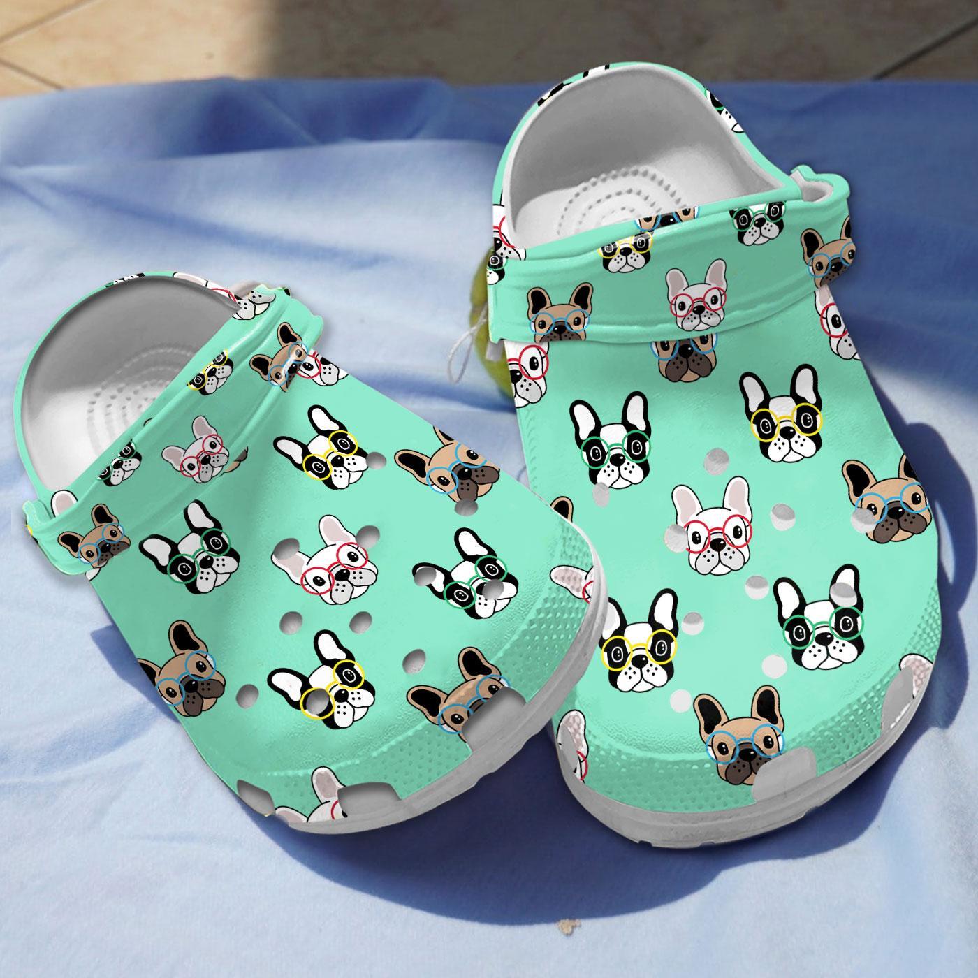 French Bulldog Wearing Colorful Glasses Crocs Crocband Clogs Shoes Comfortable For Men Women and Kids