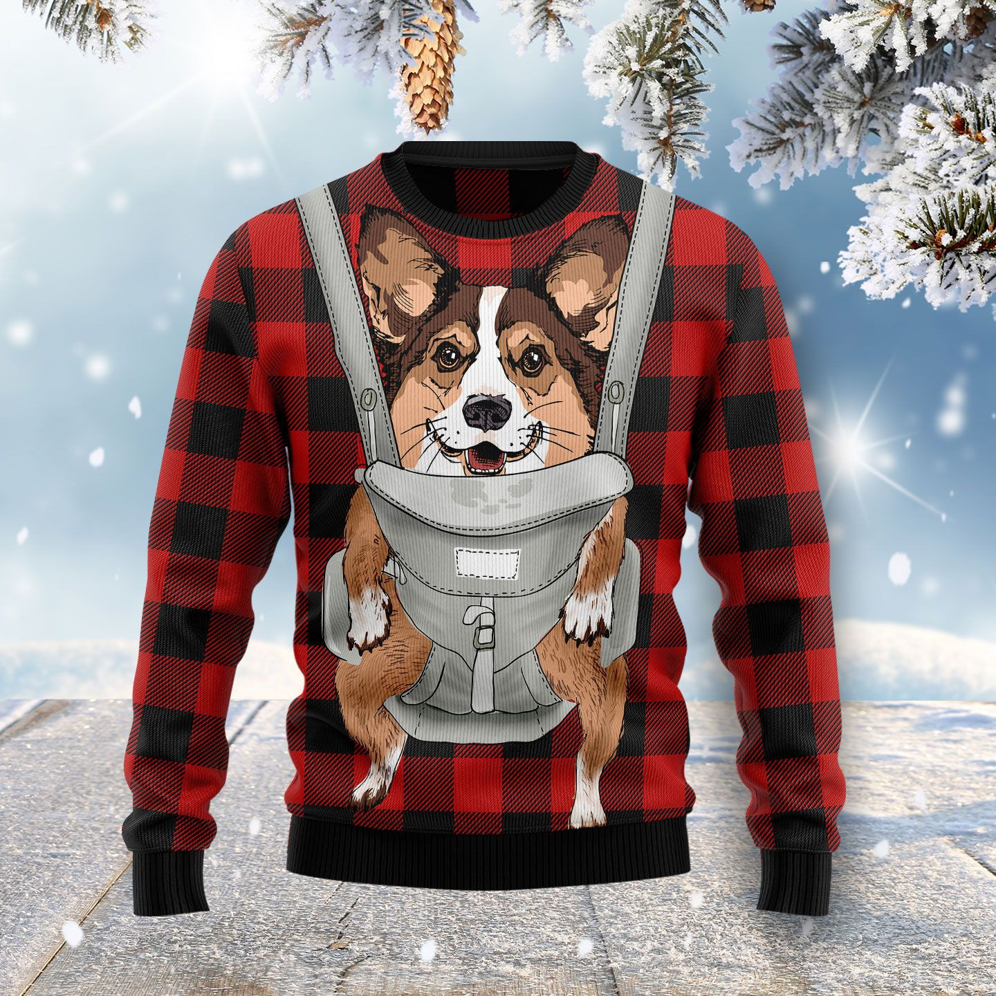 Front Carrier Dog Pembroke Welsh Corgi Ugly Christmas Sweater Adult 3D Funny Matching for family