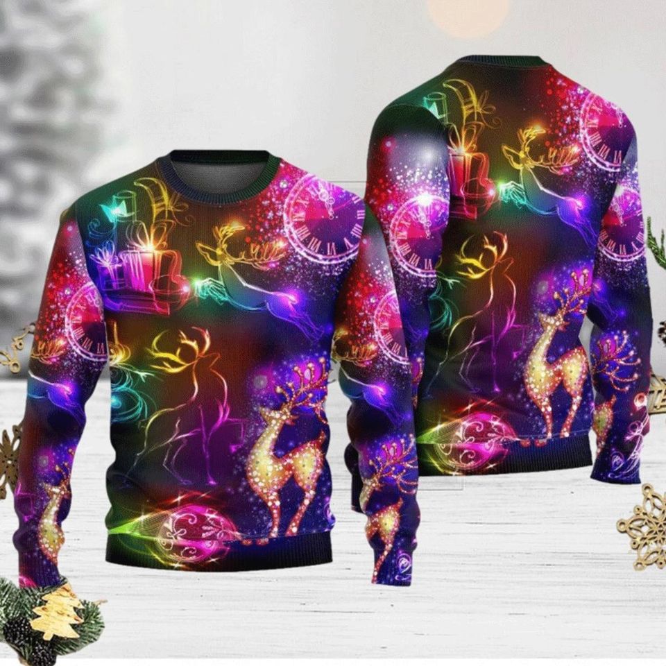 Frosted Neon Christmas Ugly Sweater, Neon Christmas Sweater, Reindeer Neon Light - Image 2