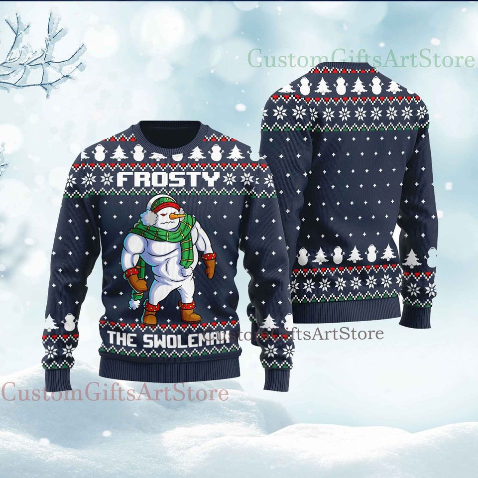 Frosty Swoleman Ugly Christmas Sweater, Let It Swole Funny Muscle Snowman Gym Exercise Gift Unisex T-Shirt Men Women - Image 3