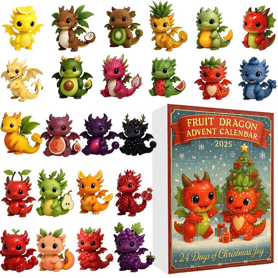 Fruit Dragon Advent Calendar 2025, 24 Day Fruit Dragon Figurines : Vintage Christmas Ornament Countdown