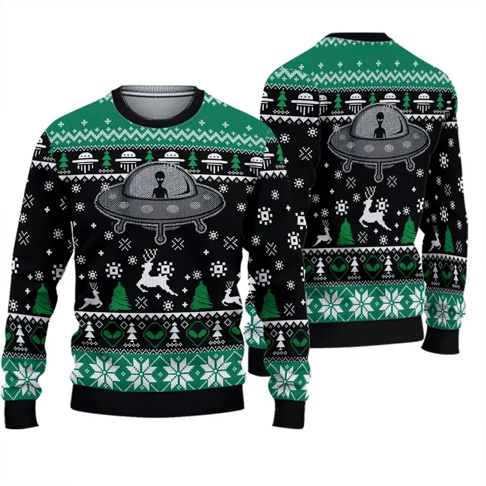 Funny Alien UFO Ugly Christmas Sweater, Space Monster Xmas 3D Sweater, Christmas Gift