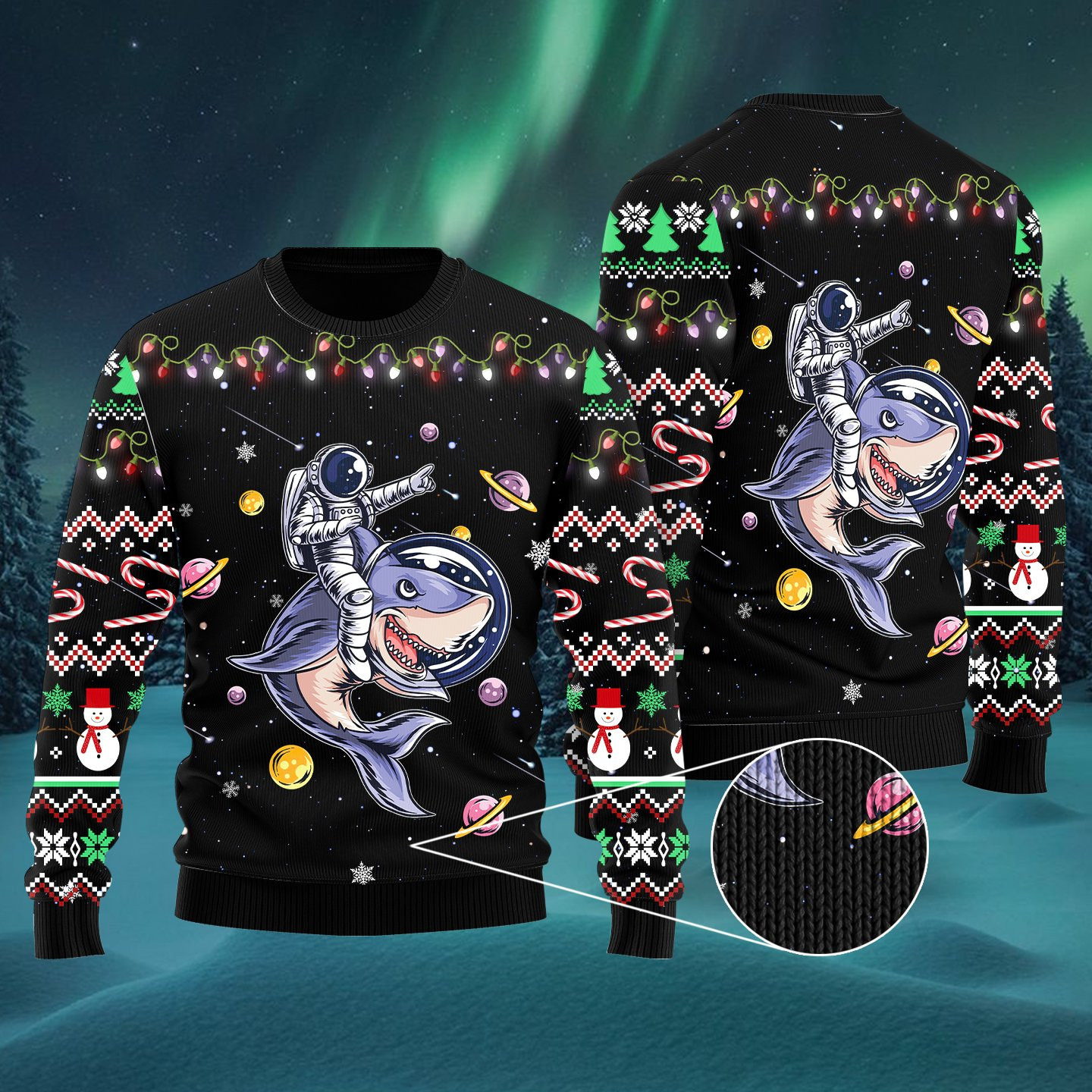 Funny Astronauts Ride A Shark In Space With The Planet Ugly Christmas Sweater Adult 3D Funny Matching for family