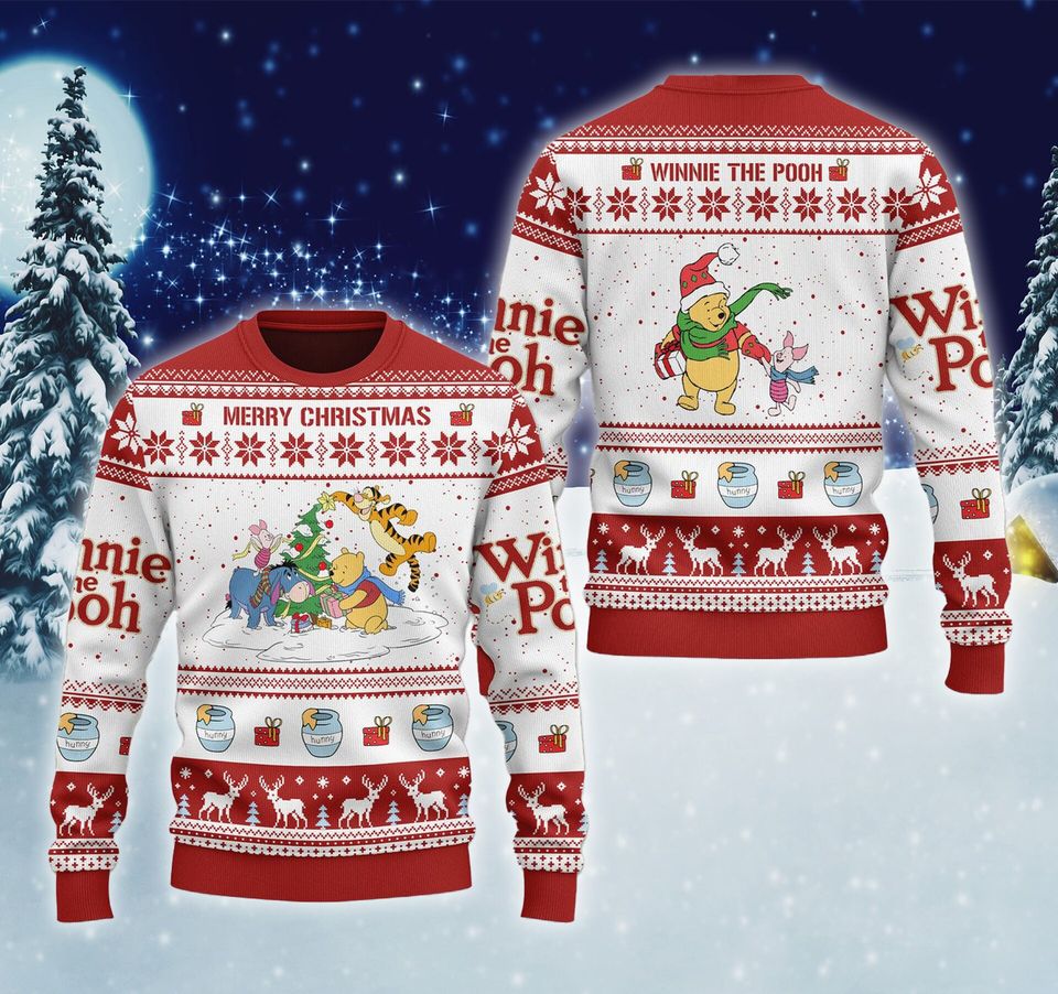 Funny Bear And Friends Ugly Christmas Sweater, Wiinnie Thee Po-oh Woolen