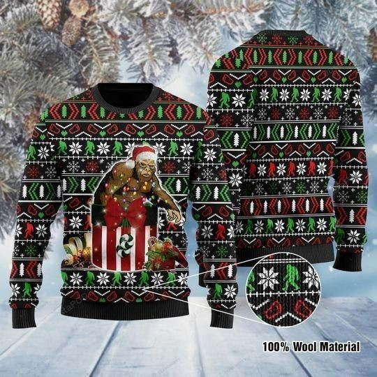 Funny Bigfoot In The Gift Box Ugly Christmas Sweater Adult 3D Funny Matching for family