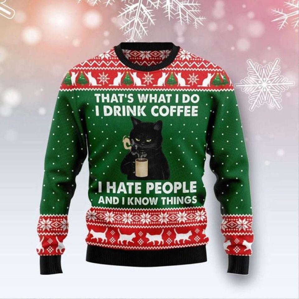 Funny Black Cat Drinking Coffee Ugly Christmas Sweater