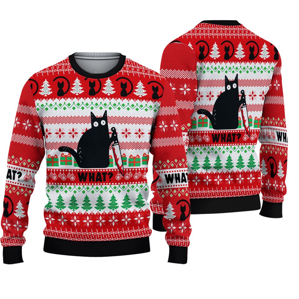 Funny Black Cat What Ugly Christmas Sweater