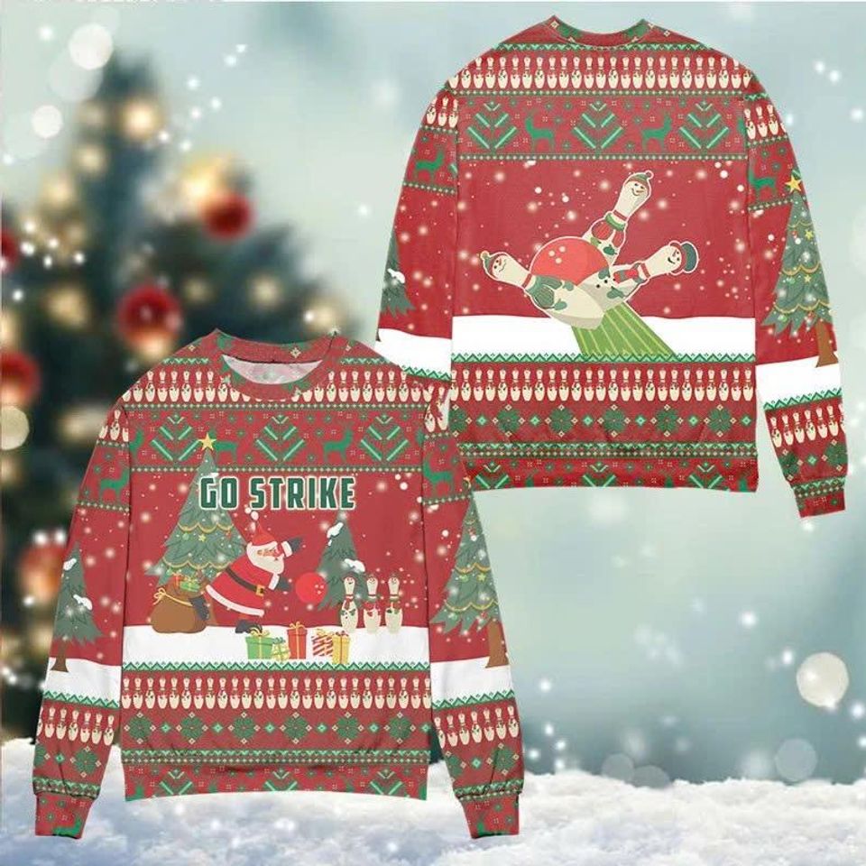 Funny Bowling Christmas Sweater, Go Strike Crewneck Pullover, Bowling League & Team