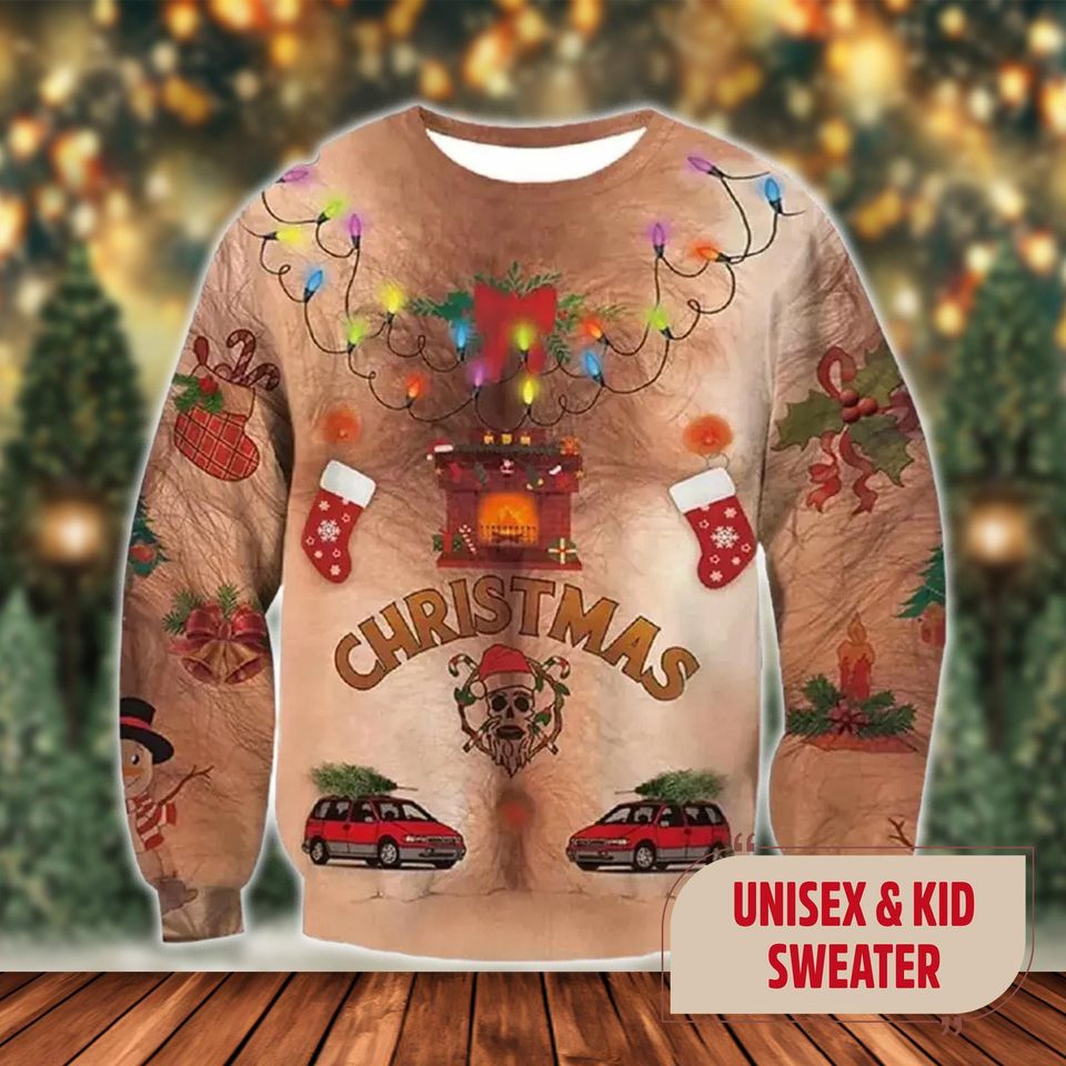 Funny Bulbs Hairy Chest Ugly Christmas Sweater, Funny Bulbs Hairy Chest Xmas Sweatshirt