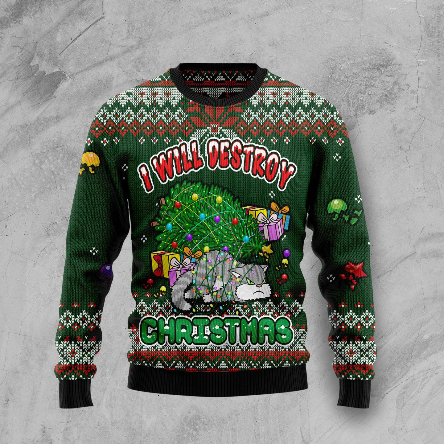 Funny Cat I Will Destroy Christmas Ugly Christmas Sweater Adult 3D Funny Matching for family