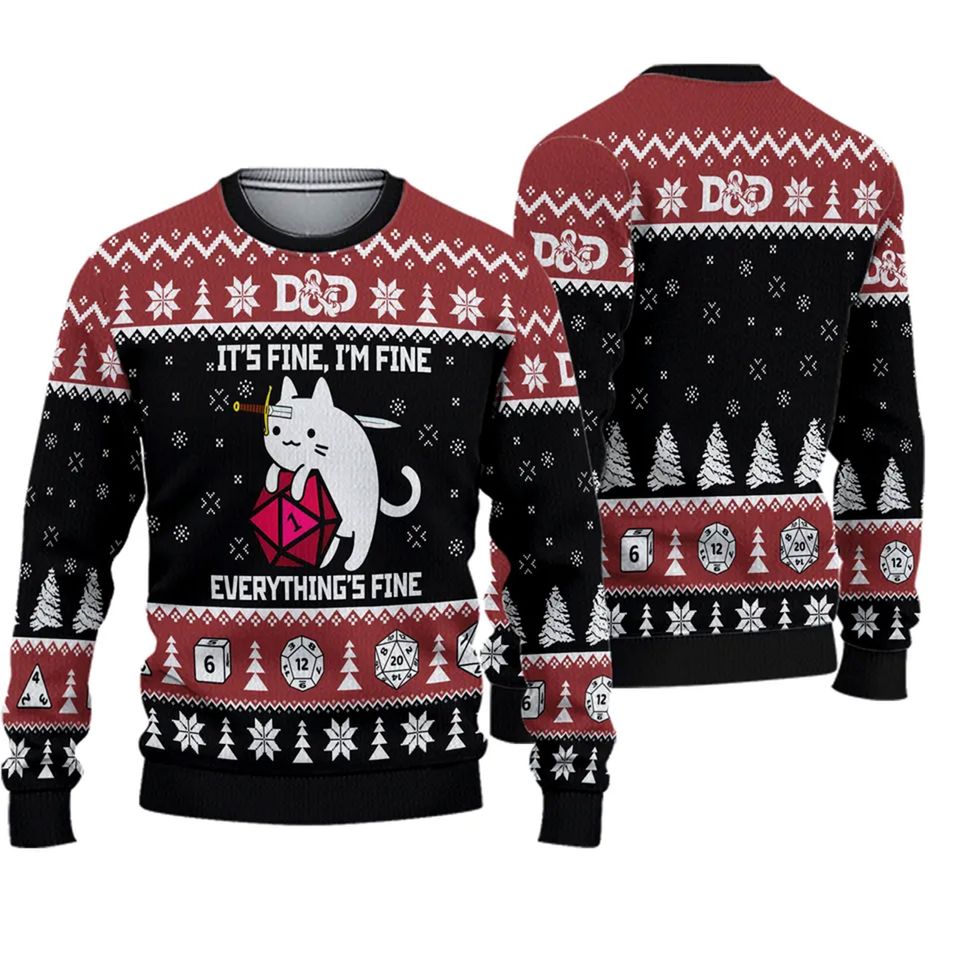 Funny Cat It's Fine Everything Fine Ugly Christmas Sweater