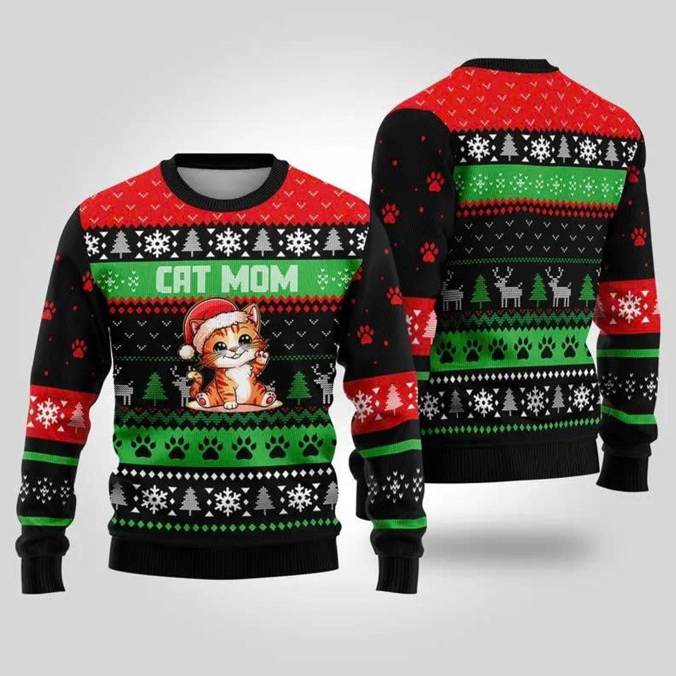 Funny Cat Mom Christmas Ugly Sweater, Cat Lover Mom Ugly Xmas