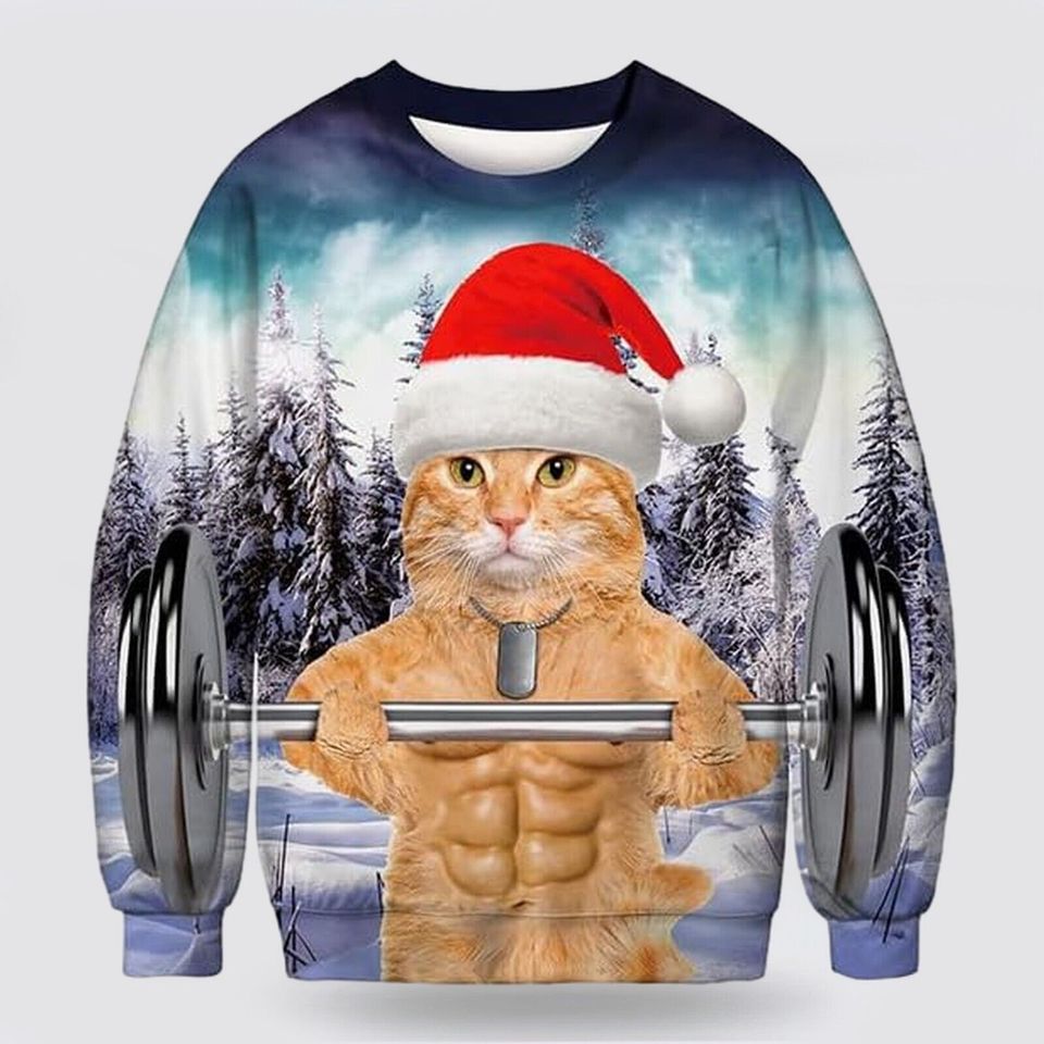 Funny Cat Wear Santa Hat Merry Christmas 3D Ugly Christmas Sweaters - Image 3