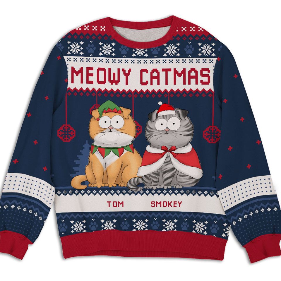 Funny Catmas Personalized Custom Pet Parent Snowy Christmas Ugly Sweatshirt