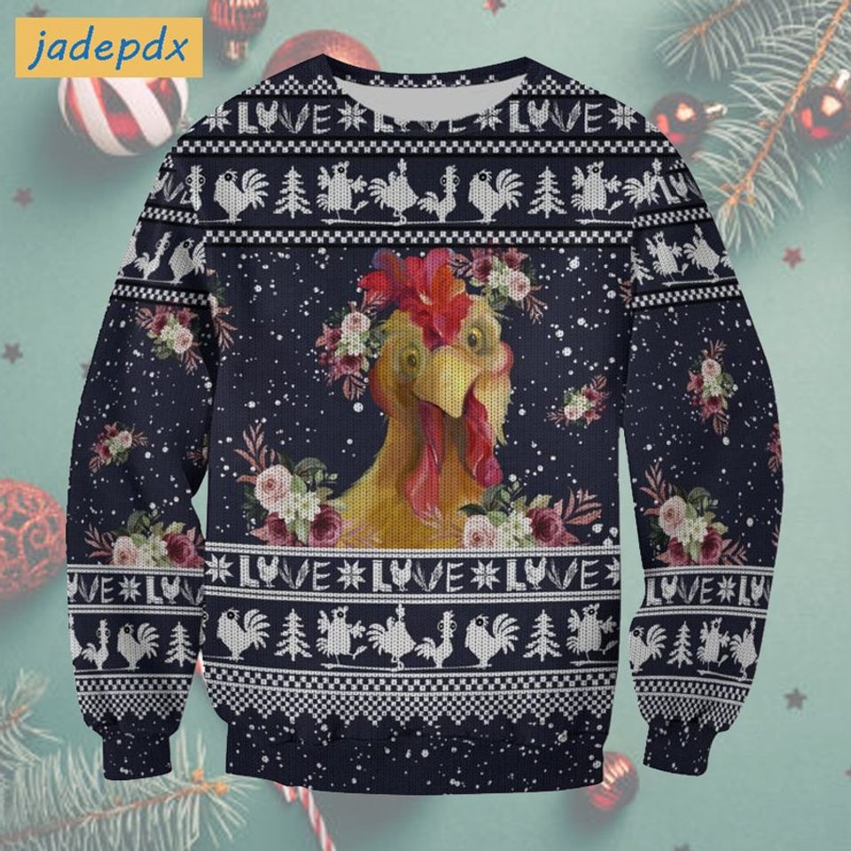 Funny Chicken And Roses Ugly Christmas Sweater
