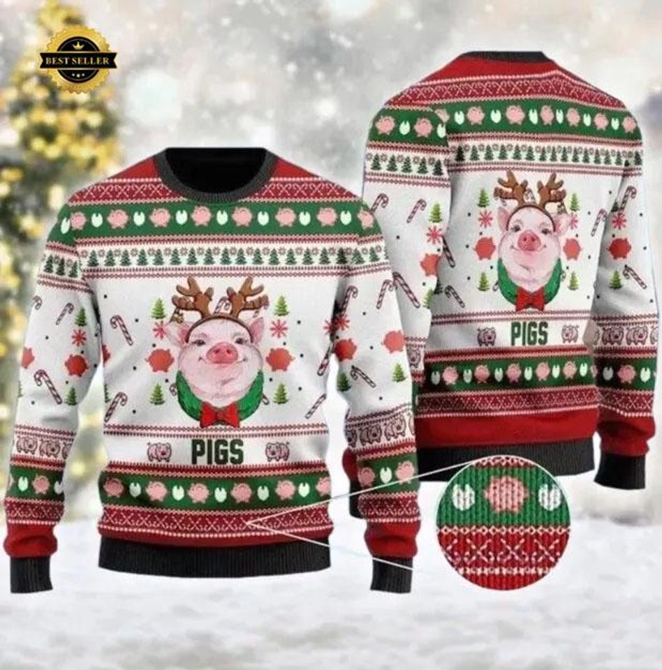 Funny Christmas Pig Ugly Sweater: Reindeer Antlers Holiday Design