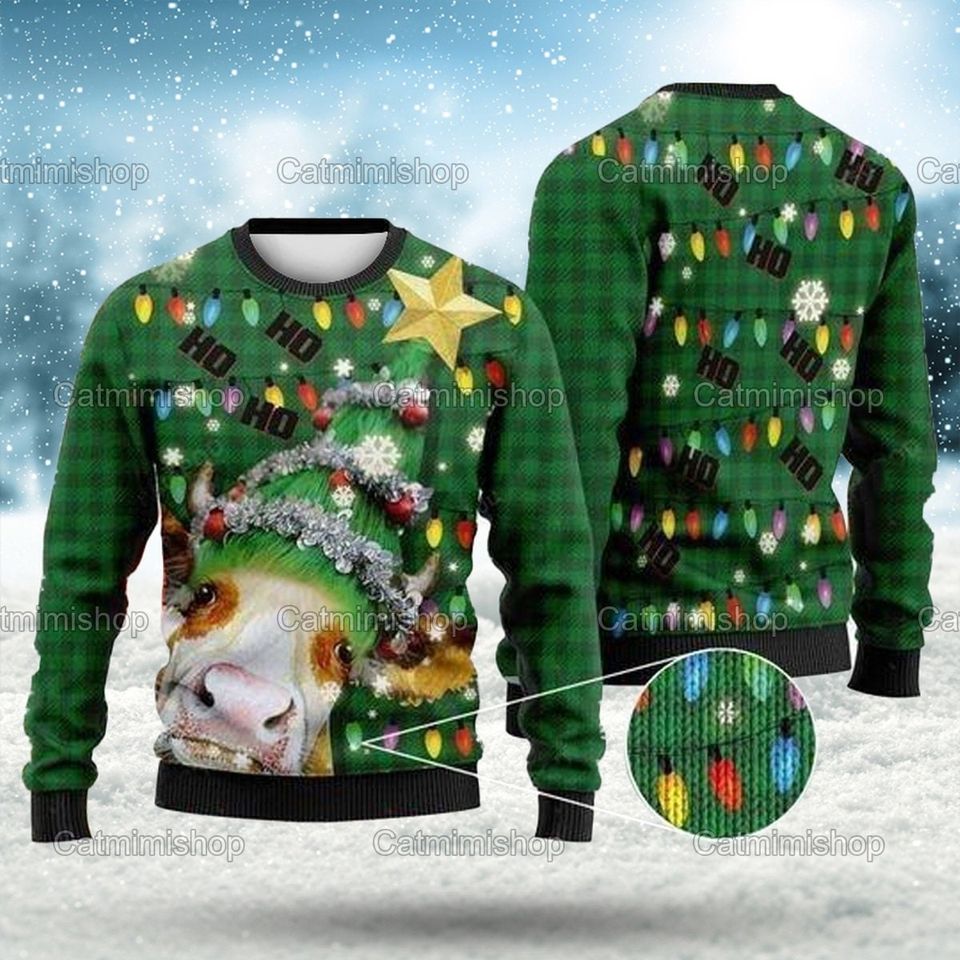 Funny Cow Christmas Lights Sweater - Whimsical Holiday Apparel