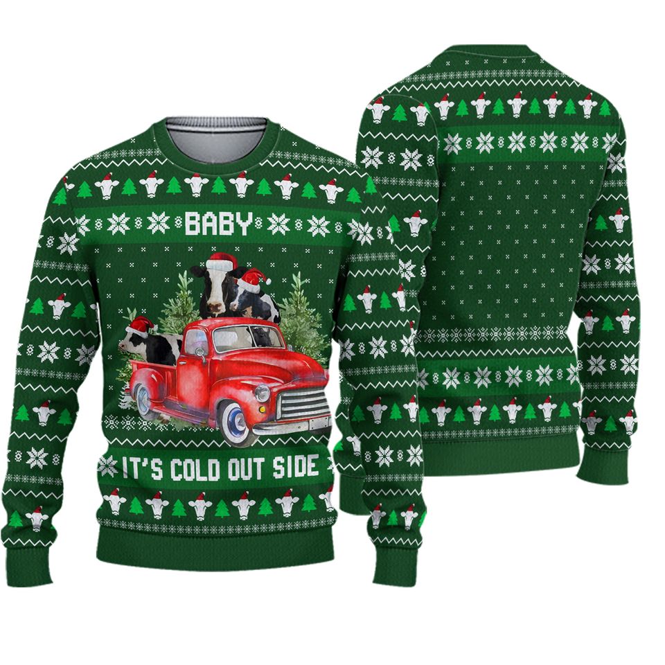 Funny Cow On A Car ugly Christmas Sweater, Cow Christmas Ugly 3D Sweater