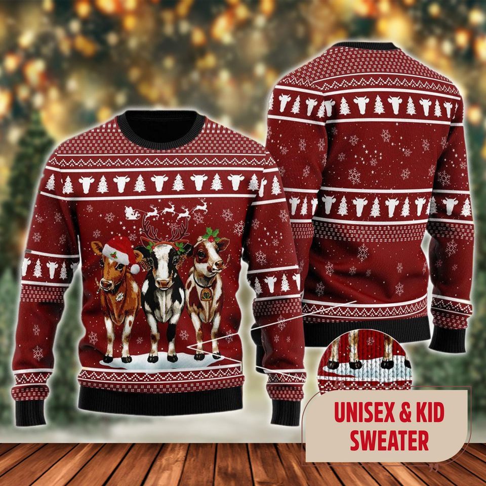 Funny Cow Santa Hat Ugly Christmas Sweater, Funny Cow Santa Hat Xmas