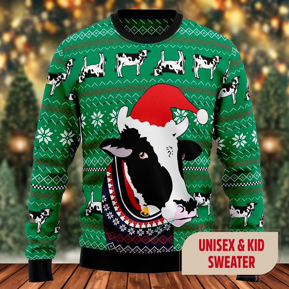 Funny Cow Santa Hat Ugly Christmas Sweater, Funny Dairy Cow Xmas Sweatshirt