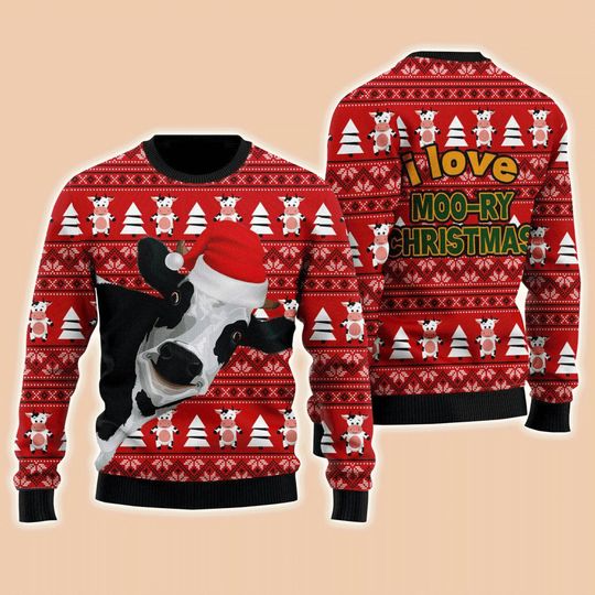 Funny Cow Sweater I Love Moo-ry Christmas, Ugly Sweater - Image 4