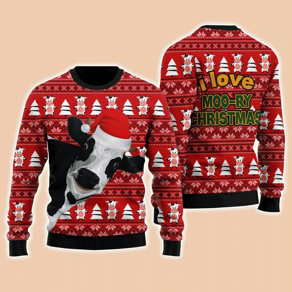 Funny Cow Sweater I Love Moo-ry Christmas, Ugly Sweater