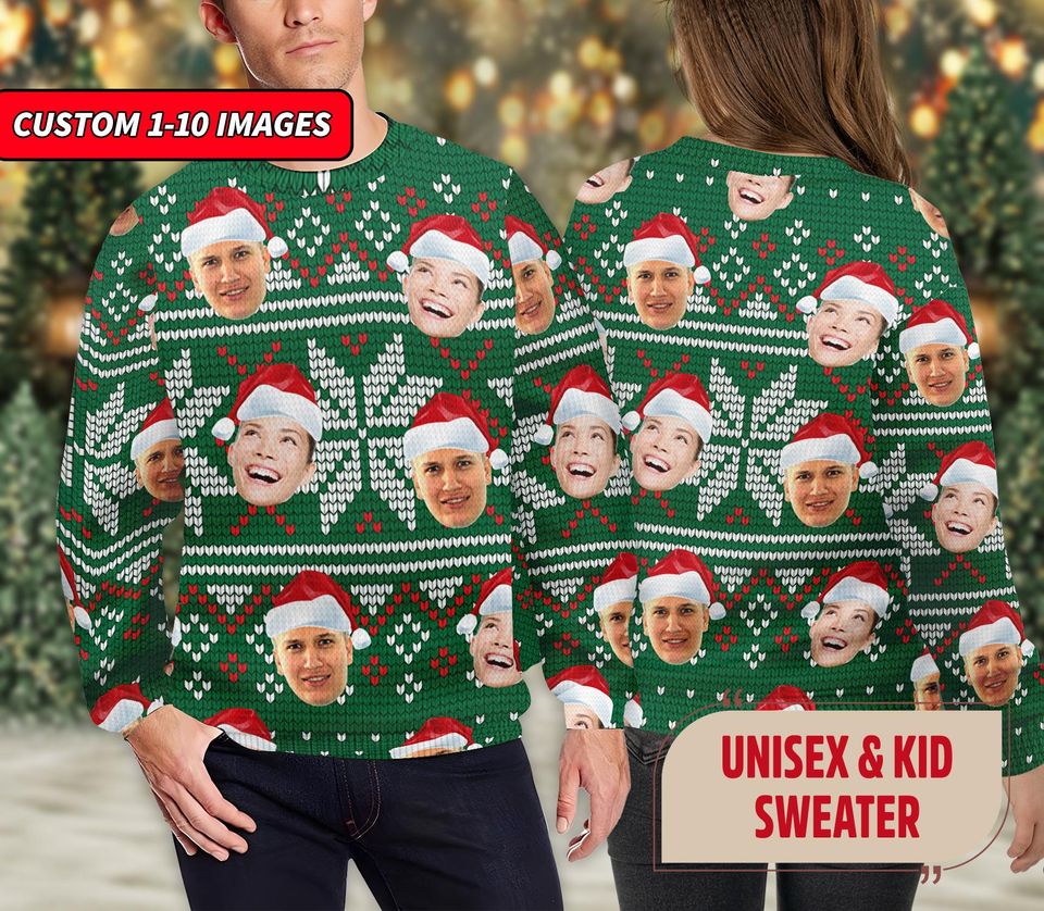 Funny Custom Face Ugly Christmas Sweater, Couple Husband Wife Xmas