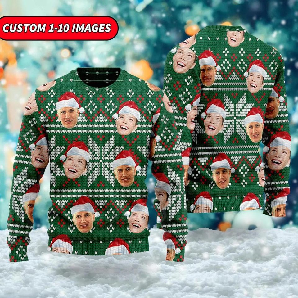 Funny Custom Face Ugly Christmas Sweater, Couple Husband Wife Xmas