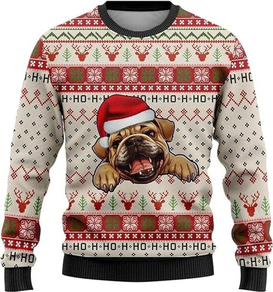 Funny Dog Christmas Sweaters for Women - Bulldog Ugly Christmas Sweater Men Crewneck Sweatshirt Men