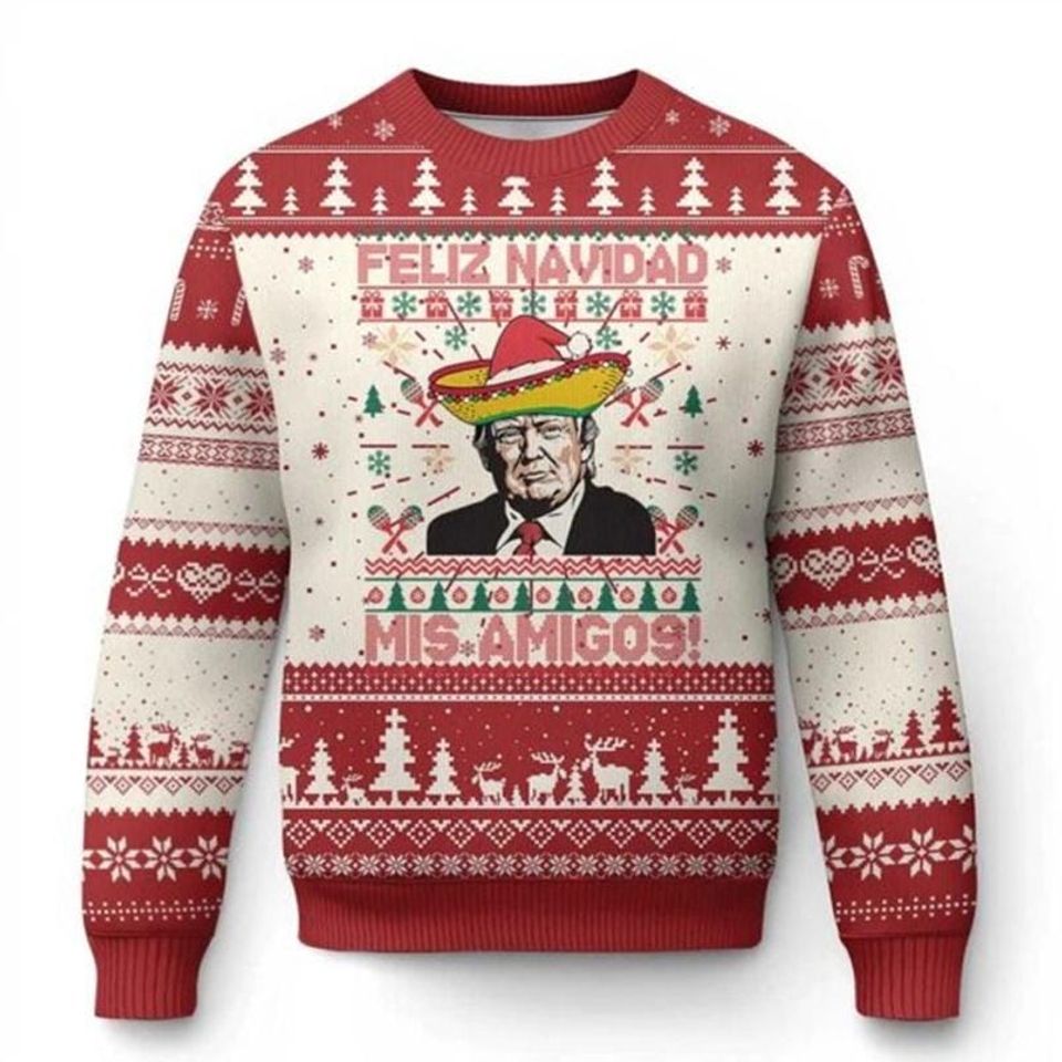 Funny Donald Trump Ugly Christmas Sweater - Feliz Navidad Mis Amigos Holiday