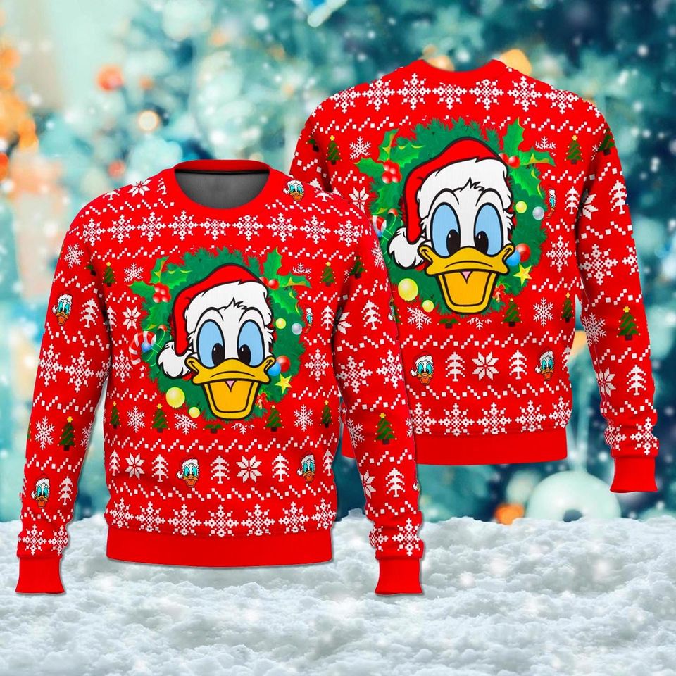 Funny Duck Head Ugly Christmas Sweater, Duck Santa Red Hat Xmas