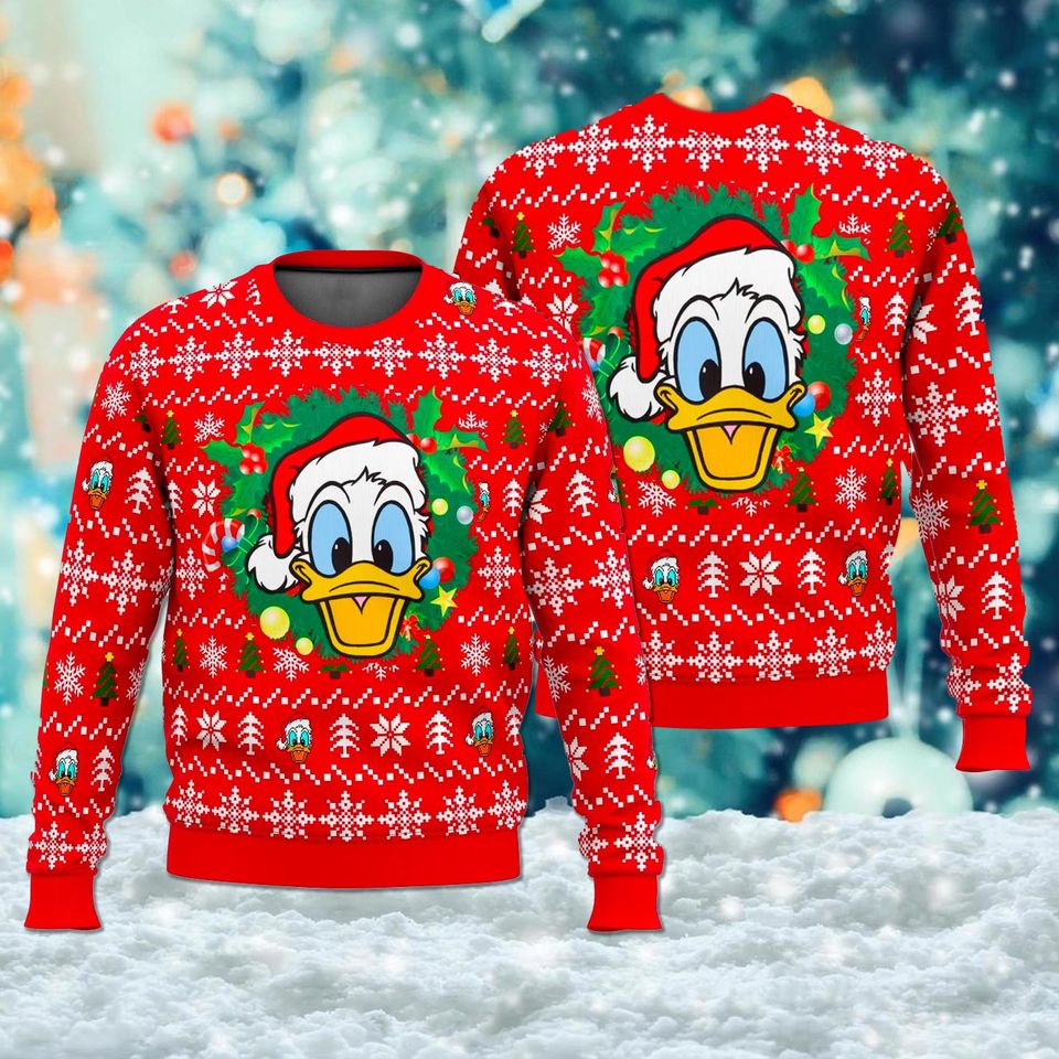 Funny Duck Head Ugly Christmas Sweater, Duck Santa Red Hat Xmas Sweatshirt