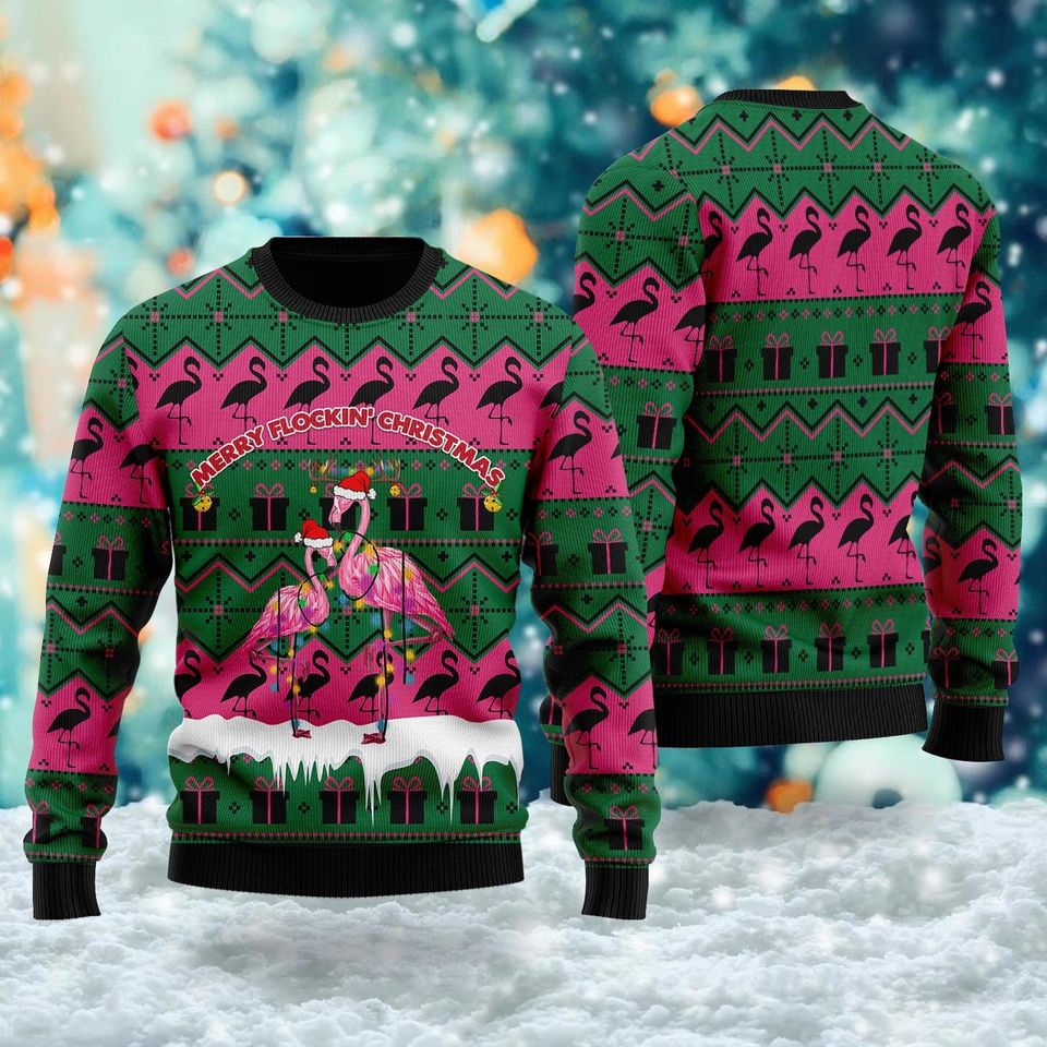 Funny Flamingo Ugly Christmas Sweater, Merry Flockin Xmas Ugly Sweatshirt