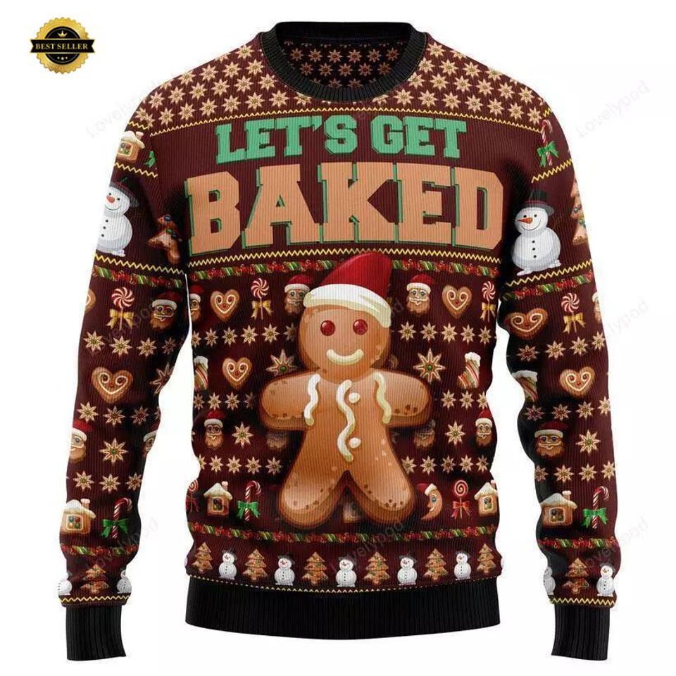 Funny Gingerbread Ugly Christmas Sweater: "Let's Get Baked" Holiday Party