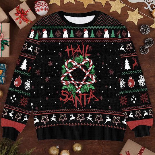 Funny Hail Santa Christmas Sweater - Candy Cane Wreath Ugly Xmas Sweater - Image 2