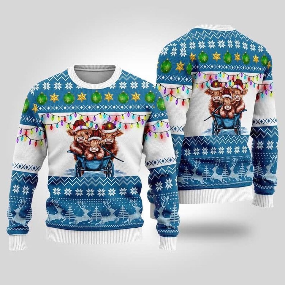 Funny Highland Cows In Cart Ugly Christmas Sweater, Festive Highland Cow Ugly Xmas Sweater With Lights