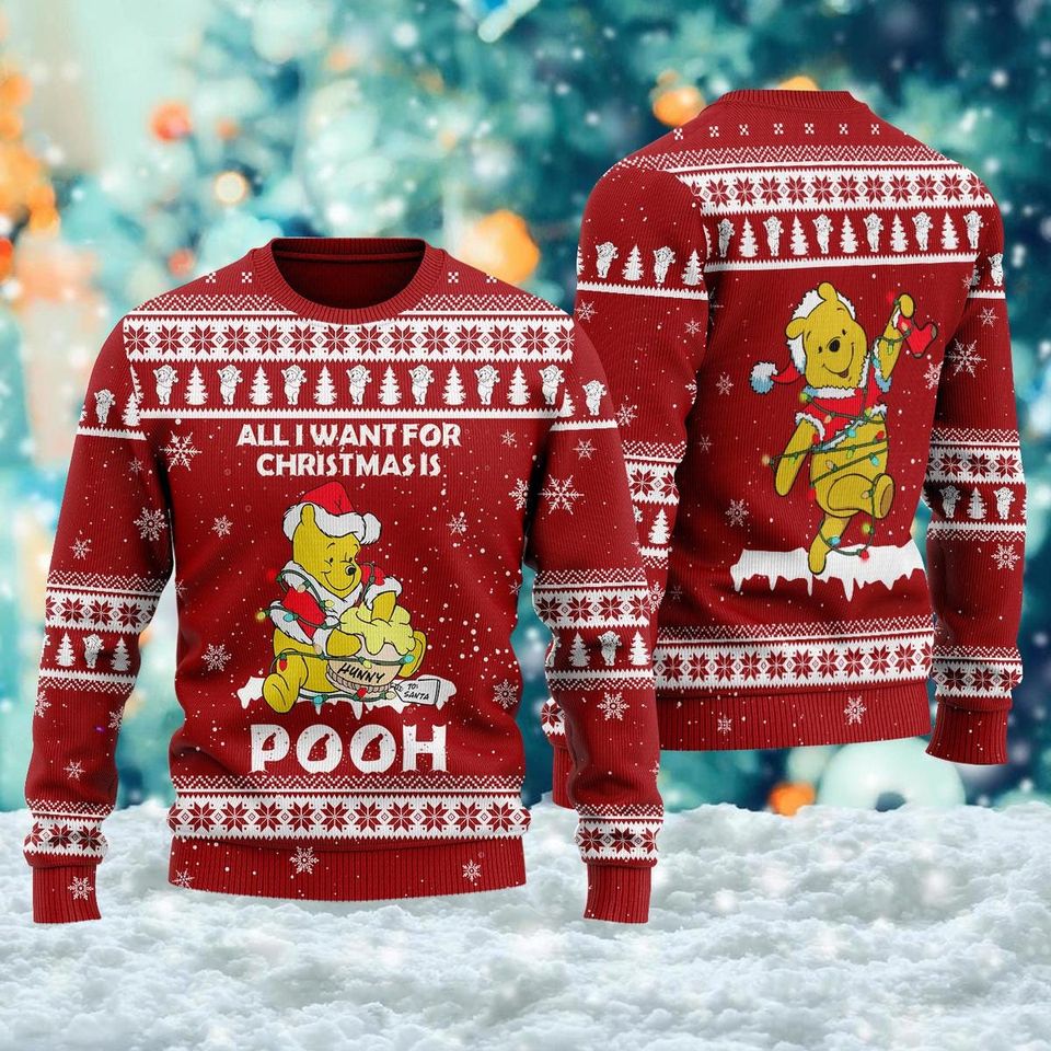 Funny Hungry Bear Ugly Sweatshirt, All I Want For Christmas Is Yellow Sant Bear Xmas Ugly Sweatshirt