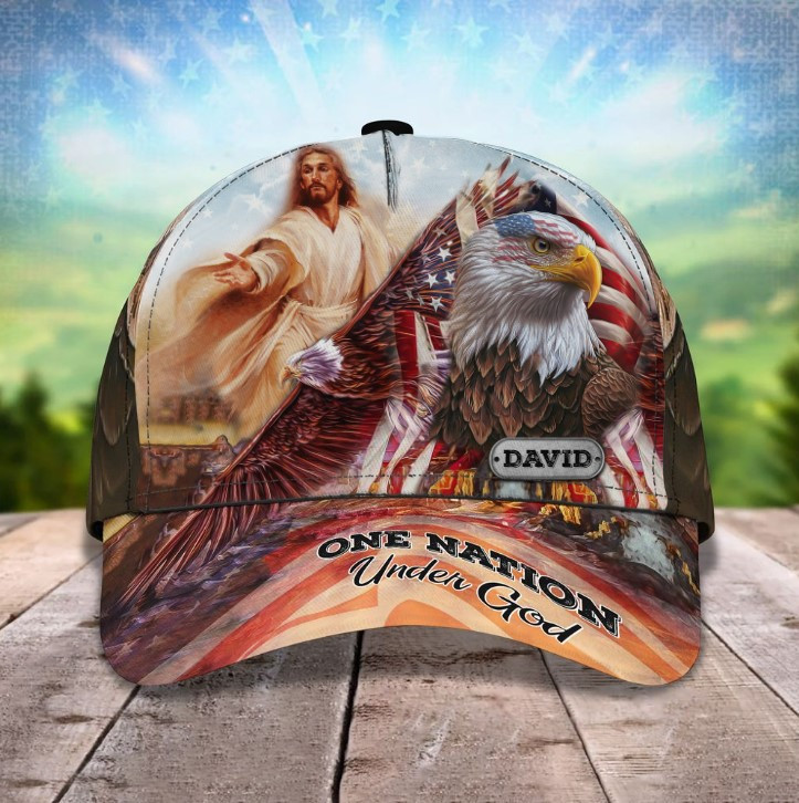 Funny Jesus and Eagle Classic Cap, One Nation Under God Jesus Hats for Men, Women Christian Birthday Gift Trucker Hats Custom Hats Gifts For Men & Women