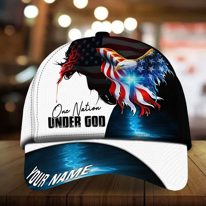 Funny Jesus and Eagle Classic Cap, One Nation Under God Jesus Hats for Men, Women Christian Birthday Gift Trucker Hats Custom Hats Gifts For Men & Women